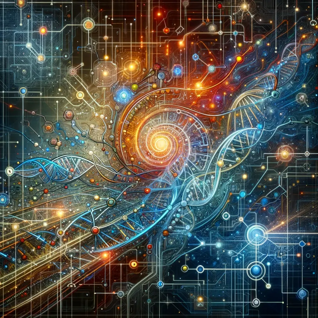 A concept of interconnected logical processes, depicting how different elements and processes influence each other within the complex digital-biological world.